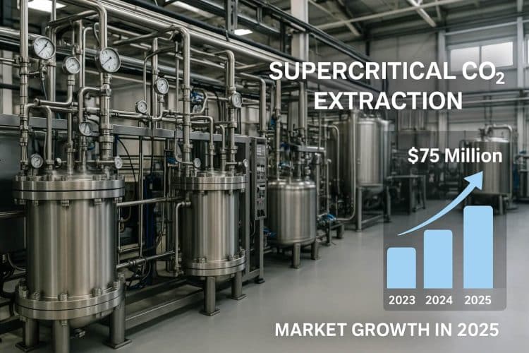 Industrial supercritical CO2 extraction equipment in modern processing facility showing market growth to $75 million in 2025