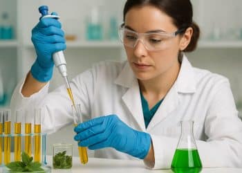 Laboratory technician using enzymes to extract natural compounds from plant material