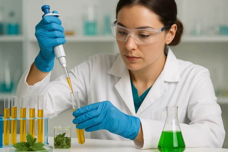 Laboratory technician using enzymes to extract natural compounds from plant material