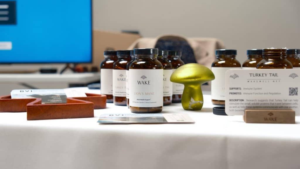 Wake Network's stall with produce and a small golden mushroom figure at Open:Minds Expo