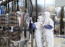 Wide angle view at two workers wearing protective suits while inspecting production at modern chemical plant, copy space